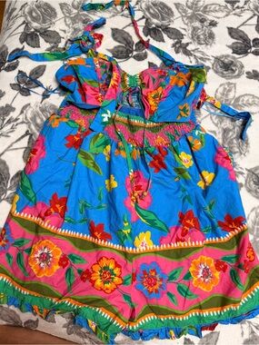 Peach Love California Bright Blue Floral Romper with ties with Multicolor Print